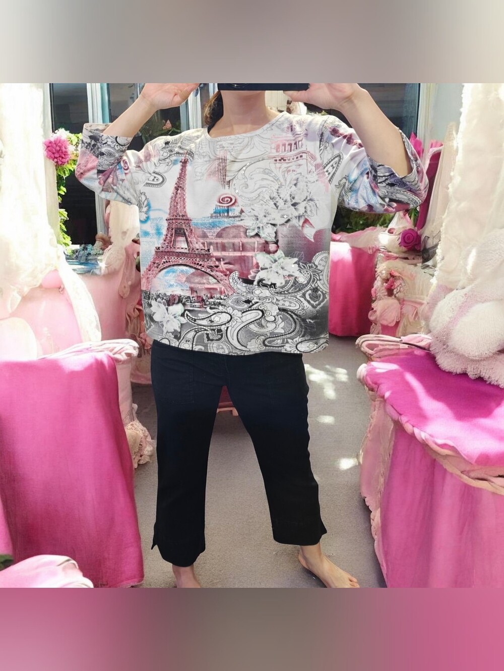 Tradition Country Collection Paisley Eiffel Tower Cotton Top in White & Pink